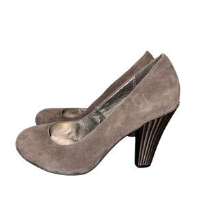 Miz Mooz Riley Taupe Gray Stacked Suede Leather Heels Womens Size 38 7.5 8